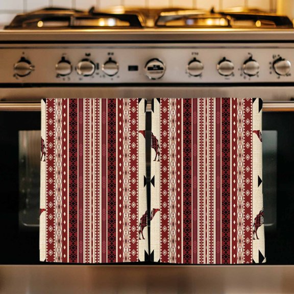 Red Beige Boho Kitchen Towels Set of 1, Vintage Abstract Art Ethnic Tribe Absorbent Dish Towels for Kitchen, Microfiber Hand Towel, Quick Drying Tea Towel for Cleaning Decorative Dishcloths