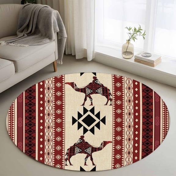 Red Beige Boho Round Area Rug 3Ft Washable Small Circle Rugs for Kitchen Entryway, Vintage Abstract Art Ethnic Tribe Non-Slip Carpet Floor Mats Indoor Outdoor Carpet Runner Aesthetic Home Decor