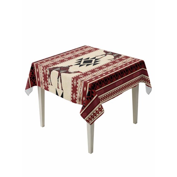 Red Beige Boho Table Cloth, Waterproof Tablecloth for Square Tables, Vintage Abstract Art Ethnic Tribe Reusable Washable Fabric Table Cover for Restaurant Kitchen Dining Tables 60"x60"