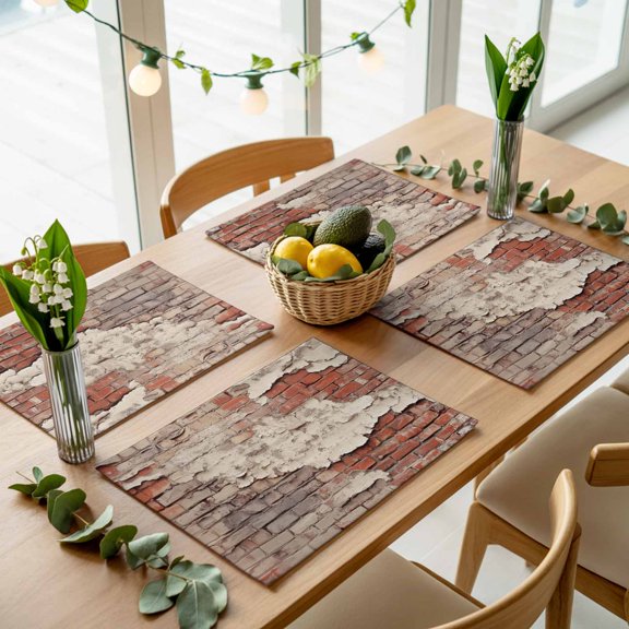 Red Beige Brick Backdrop Old Cement Placemats Set of 4,Wipeable Washable Table Mats for Dining Tables, Vintage Art Place Mats for Kitchen Event Party Tabletop Decor