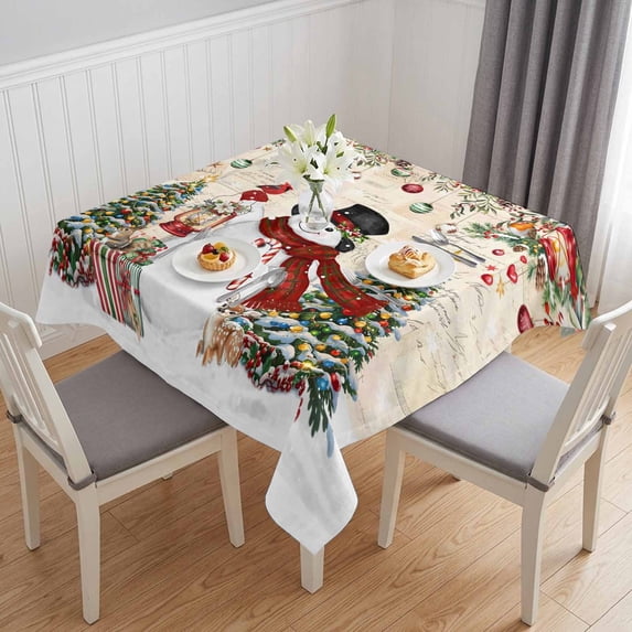 Red Beige Christmas Table Cloth Waterproof Tablecloths, Snowman Xmas Tree Ball Snowflake Winter Tablecloth Dining Table Cover for Kitchen Party Tabletop Outdoor, Square Tablecloth 60x60 Inch