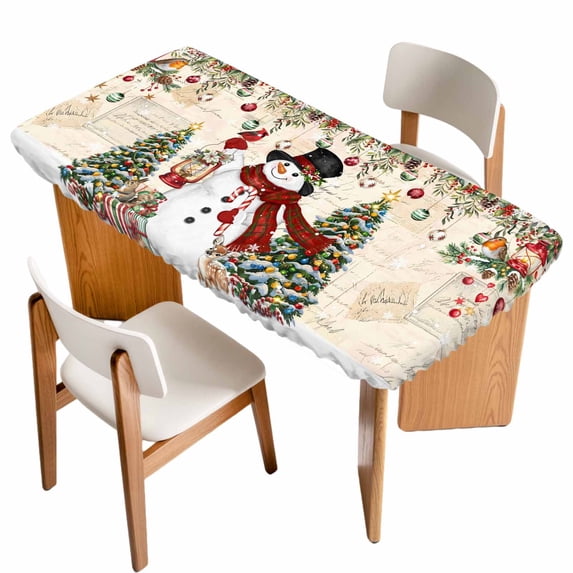 Red Beige Christmas Table Cloths for 5 Foot Rectangle Tables, Snowman Xmas Tree Ball Snowflake Winter Patio Waterproof Elastic Fitted Tablecloths, Washable Rectangular Table Cover for Camping
