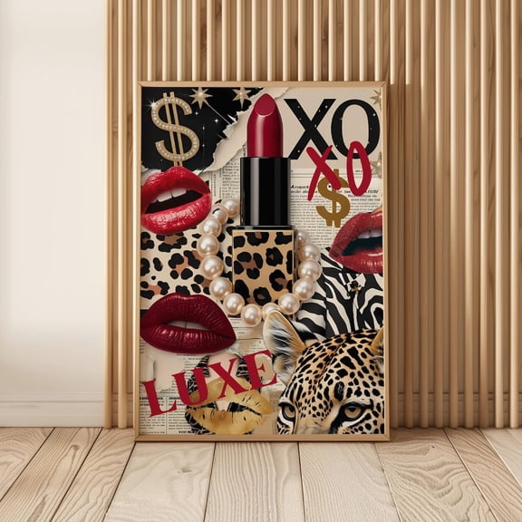 Red Beige Fashion Collage Leopard Wall Art, Unframed Paper Print Size 8x12