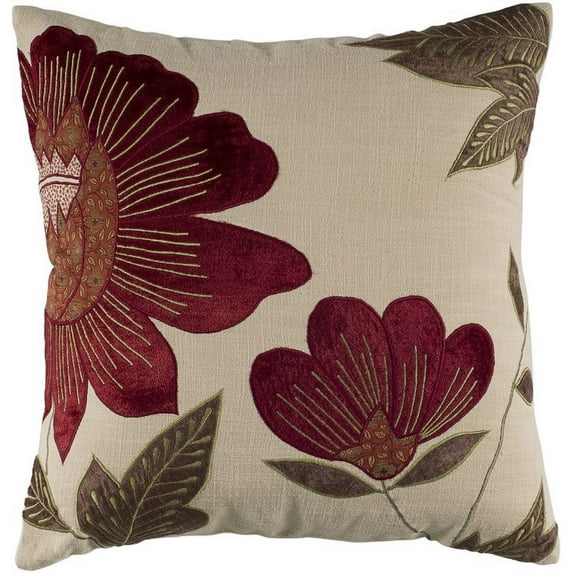 Red Beige Floral Down Filled Throw Pillow
