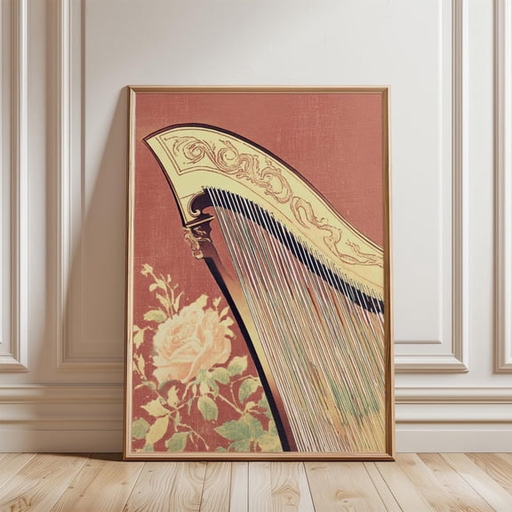 Red Beige Harp Vintage Musical Instrument Art Nouveau Floral Unframed Paper Print