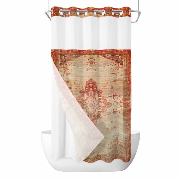 Red Beige No Hook Shower Curtain Waterproof, Bathroom Curtains with Snap in Liners and See Through Top Window, Vintage Boho Ethnic Geometric Abstract Art Hotel Style Bathtub Curtains Shower 36"Wx78"L