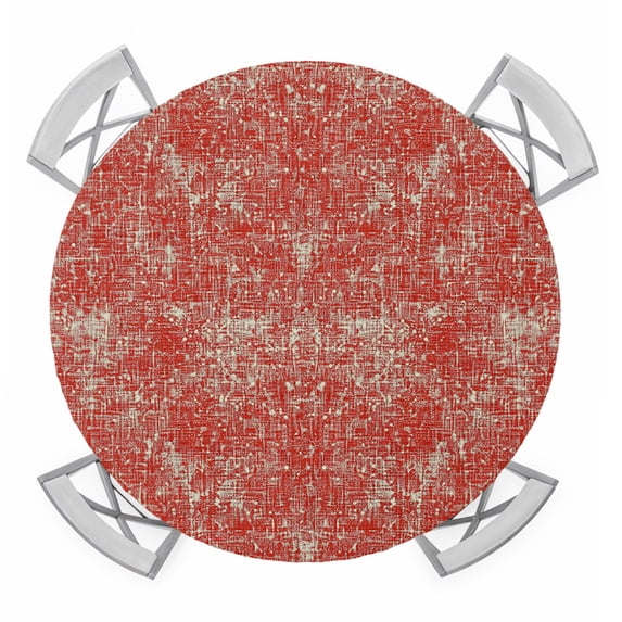 Red Beige Linen Textured Round Table Cover, Vintage Rustic Abstract Minimalist Mottled Waterproof Fitted Tablecloths for 55"-60" Tables, Washable Picnic Table Cover for Camping Dining Indoor Outdoor