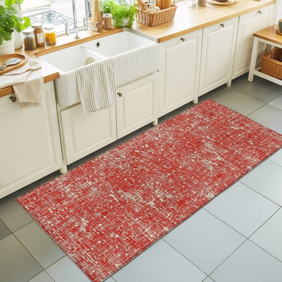 Red Beige Linen Textured Runner Rug 2'x6' Vintage Rustic Abstract Minimalist Mottled Hallway Runner Rugs Washable Non-Slip Bedside Floor Mats Carpet for Kitchen Bedroom Laundry Room Bathroom