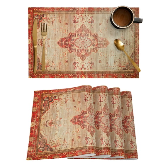 Red Beige Placemats Set of 6, Vintage Boho Ethnic Geometric Abstract Art Placemats for Dining Table, Place Mats for Kitchen Tabletop, Waterproof Wipeable Dining Table Mats Set
