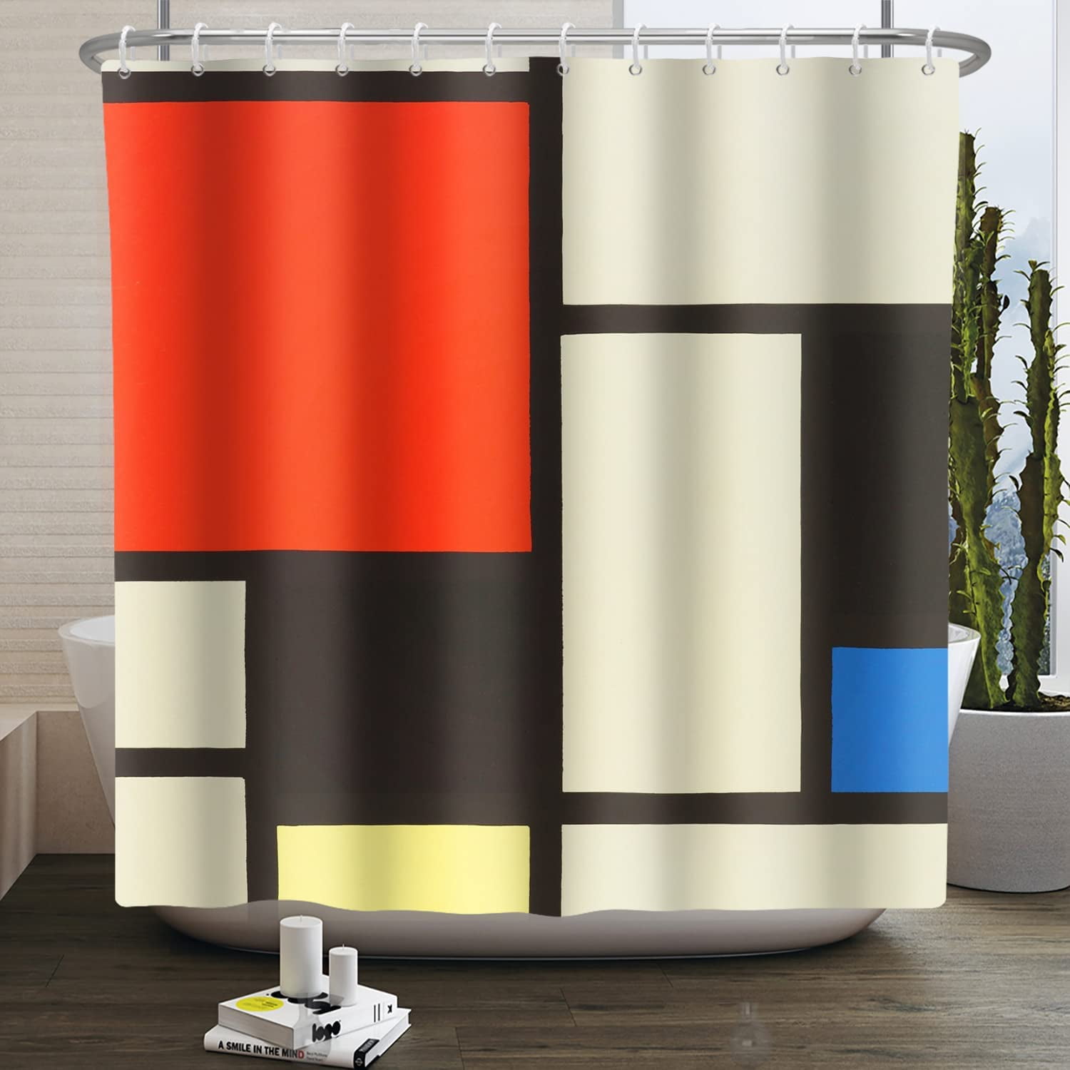 Rectangular Curtains Red Beige Rectangle Pattern Waterproof Fabric GeometShower Curtain for ...