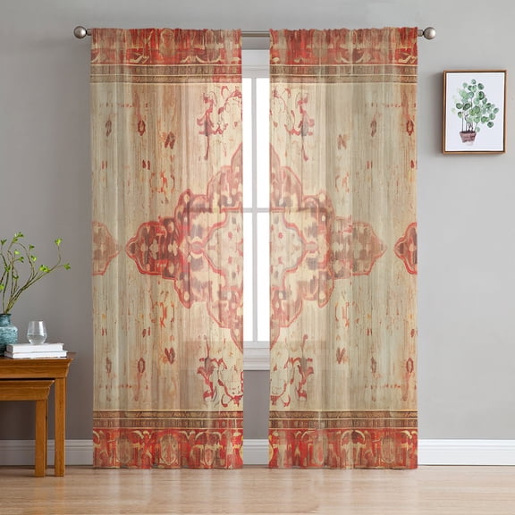 Red Beige Sheer Curtains 63 Inch Length 2 Panels Set for Living Room/Bedroom, Vintage Boho Ethnic Geometric Abstract Art Curtain Sheers Drapes Rod Pocket Curtains Window Treatment Set 52''x63''x2
