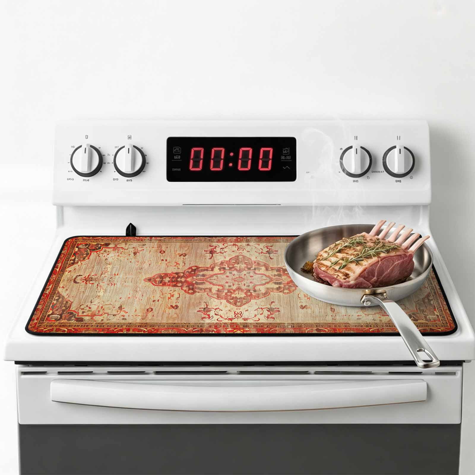 Red Beige Stove Top Cover for Electric Stove, Heat-proof & Non Slip Glass Top Stove Cover Protector, Vintage Boho Ethnic Geometric Abstract Art Kitchen Flat Cooktop Rubber Mat 24x21 Inches