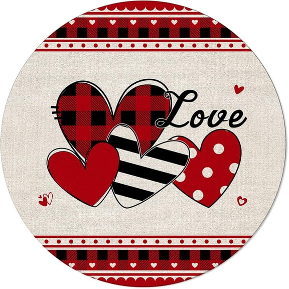 Red Beige Valentine''s Day Area Rug Round Rugs 4ft Stripes Plaid Love Heart Collection Area Runner Circle Rug Non-Slip Carpets Kids Living Room Bedroom Indoor Outdoor Nursery Rugs Décor