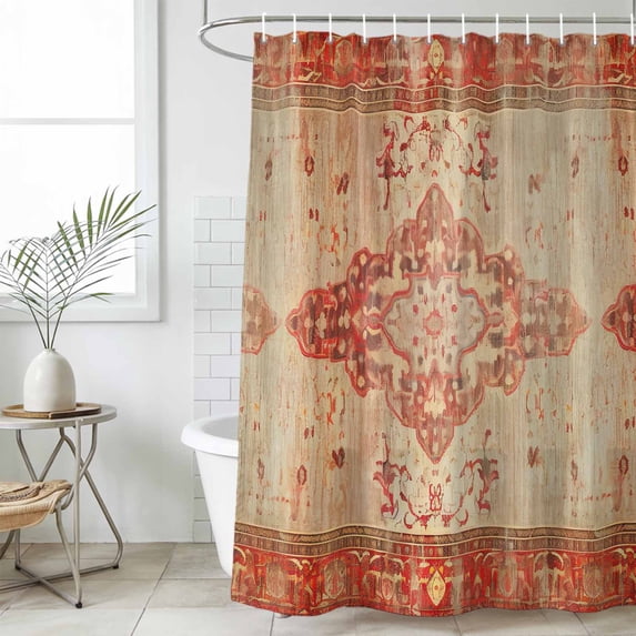 Red Beige Waterproof Fabric Shower Curtain,Vintage Boho Ethnic Geometric Abstract Art Waterproof Fabric Shower Curtain for Bathroom Curtains Bathtubs Hotel Shower Curtains with 12 Hooks Stall 48x72in