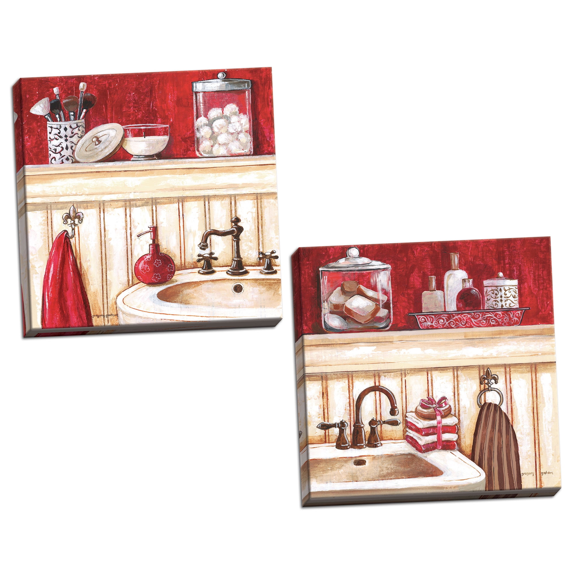 Red Beige and Brown Still Life Adult Bathroom Decor; 2 - 16" x 16" Stretched Canvases - Walmart.com