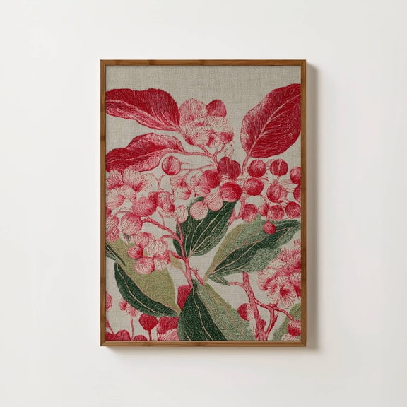 Red Berries Print Vintage Botanical Art Red Textile Wall Art Antique Flower Sketch Red Flowers Drawing Farmhouse Decor French Country Prints Home Decor #801, Unframed Canvas Size 12x18