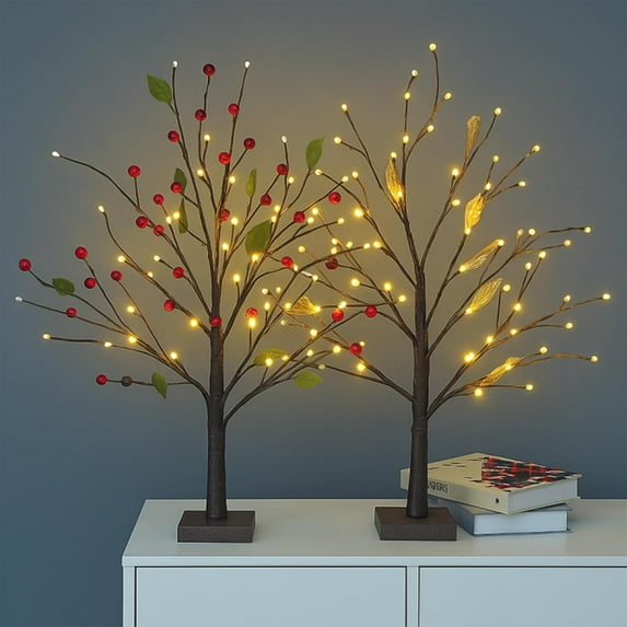 Red Berry Blossom Tree with Lights, 24 LED Lighted Branches, Artificial Bonsai Lamps, Christmas Tabletop Decor for Living Room, Bedroom, Home Gifts (2, Red+Golden)