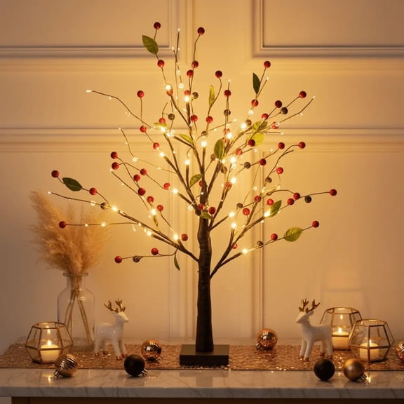 Red Berry Blossom Tree with Lights, 24 LED Twinkling Red Berry Christmas Tree, Battery Operated Timer Artificial Tree Night Light, Xmas Bonsai Lamps Gift for Tabletop Centerpiece Home Decor