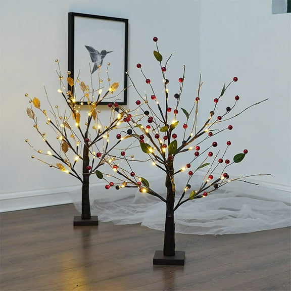 Red Berry Blossom Tree with Lights (24 Waterproof LED Beads), 22in DIY Available Berry Blossom Twinkling Tree, Realistic Design, Reusable, for Christmas, Holiday, Party, Decorations (Red+Gold)