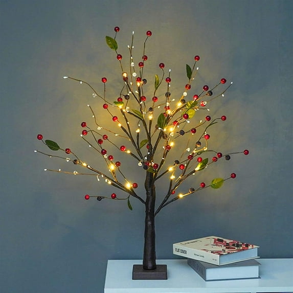 Red Berry Blossom Tree with Lights, Reds Berry Blossom Twinkling Tree, 2026 New Decorative with Lights, with 24 LED Beads and 48 Reds Berries, Removable Base, for Christmas, Thanksgiving Day(Red)
