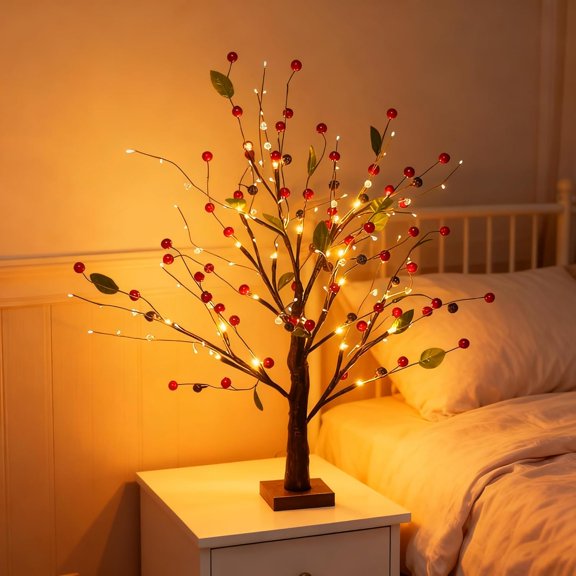 Red Berry Blossom Twinkling Tree, 2026 New Mini Birch Tree Artificial Tabletop Decor with Warm Lights, Waterproof and Removable Base, for Home, Party, Gift (Red Berry, Battery Not Included)