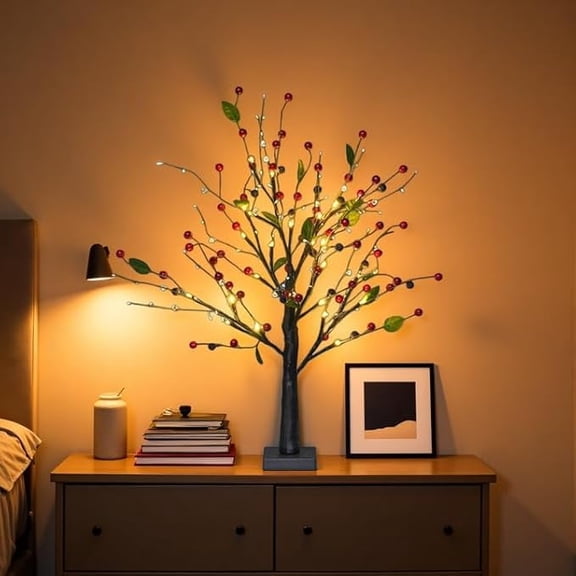 Red Berry Blossom Twinkling Tree, Shockproof and Waterproof, 2026 New Decorative Tree with Lights, with 24 LED Beads and 48 Reds Berries, Removable Base, for Christmas, Thanksgiving (Red)