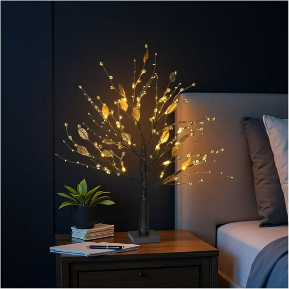 Red Berry Blossom Twinkling Tree, Shockproof and Waterproof, 2026 New Decorative Tree with Lights, with 24 LED Beads and 48 Reds Berries, Removable Base, for Christmas, Thanksgiving (Gold)