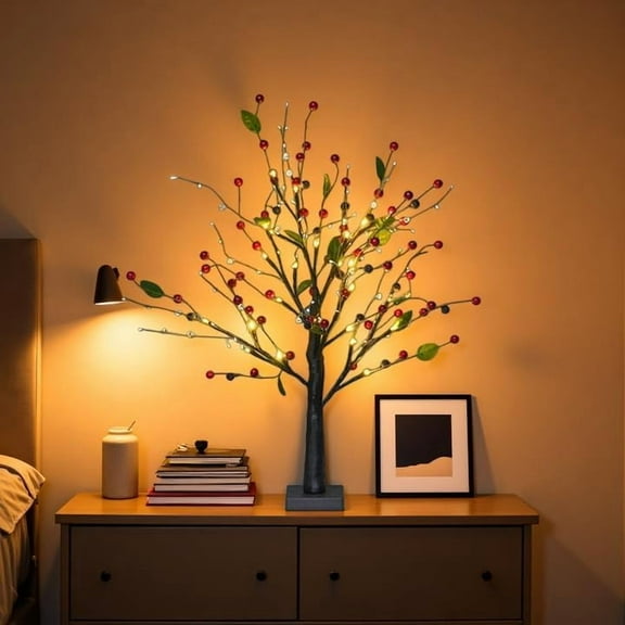 Red Berry Blossom Twinkling Tree, Shockproof and Waterproof, 2026 New Decorative Tree with Lights, with 24 LED Beads and 48 Reds Berries, Removable Base, for Christmas, Thanksgiving (Red)