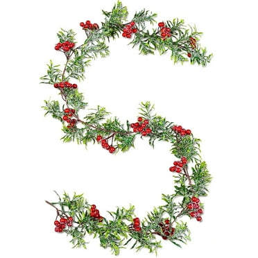 Red Berry Christmas Garland 5.2Ft Artificial Vine Snow Flocked Cypress Pine Garland for Indoor Outdoor Home Fireplace Winter Party Table Frame Backdrop Door