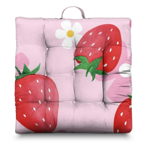 Red Berry Floor Cushion – 22x22 Inch Large Pillow, Dutch Velvet, Strawberry Lover Design for Meditation, Yoga & Kids Room