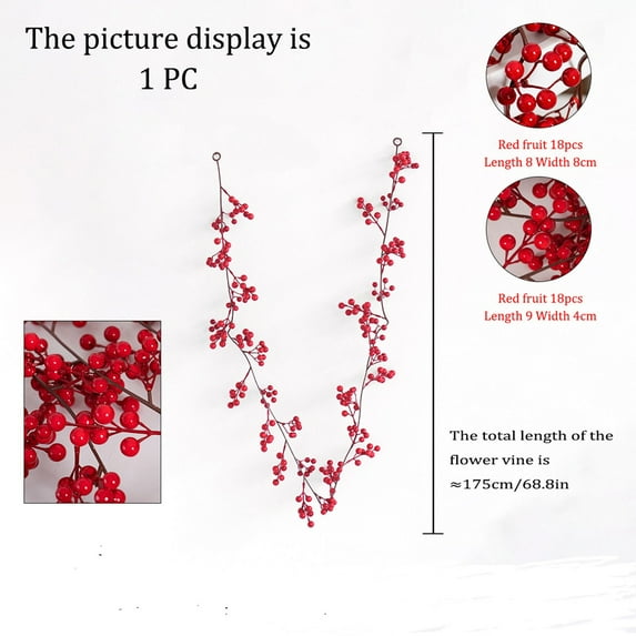 Red Berry Garland, 5.7FT Artificial Red Berries Christmas Garland for Indoor Outdoor, Home Fireplace Decoration, Winter Holiday, New Year Decor
