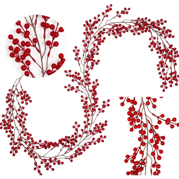 Red Berry Garland,Bexikou 5.75 FT Christmas Holly Berry Vine for Christmas Tree,Winter Berry Garland for Mantle Xmas Tree Window Door Hanging Indoor Outdoor Holiday Decoration