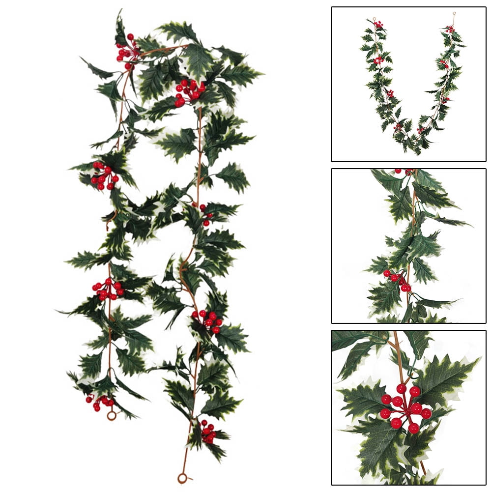 Red Berry Garlands Christmas Decoration 5.7Ft Red Berry Green Holly Leaves Vine Decor for Xmas