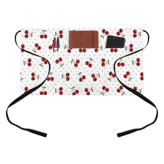 Red Berry Half Waist Apron Cherry Polka Dot Dotted Background Rustic Country Short Waiter Aprons with 3 Pockets for Women Men Kitchen Restaurant Cooking