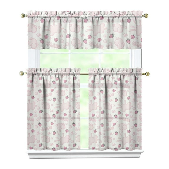 Red Berry Kitchen Curtains 3PC Set - Sweet Strawberry Lover Valance & Tier Curtains, Kawaii Fruity Window Treatment Panels for Small Windows