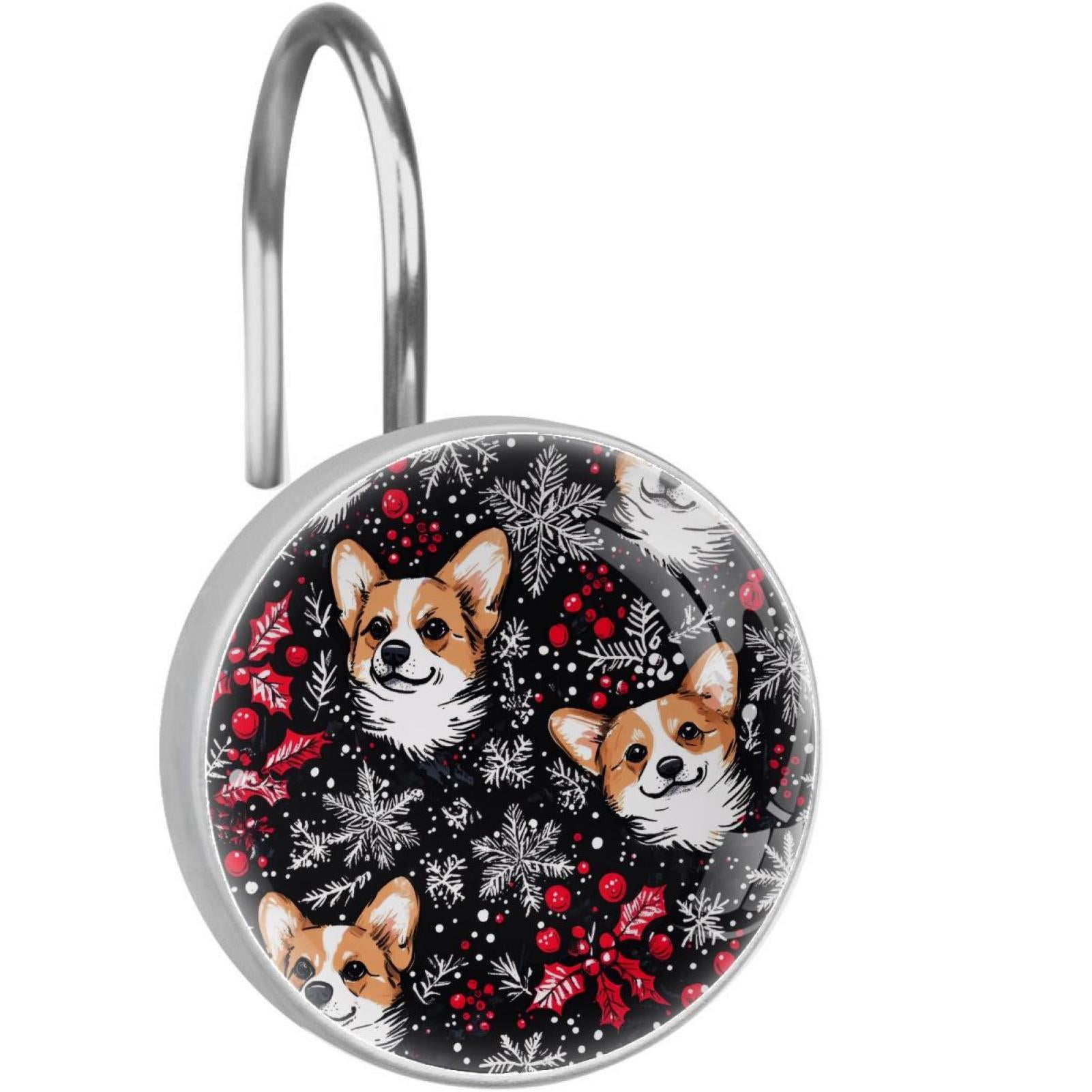 Red Berry Pine Snowflake Corgis Shower Curtain Hooks Round Crystal Glass, Set of 12 Shower Curtain Rings - Shower Hooks for Curtain Shower Rings