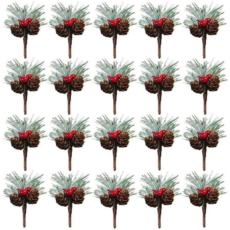 24 Pcs Christmas Floral Pine Cones for Crafts White Red Berry Stems  Artificial Pine Branches with Snowflakes Flocked Holly Holiday Floral Picks  for