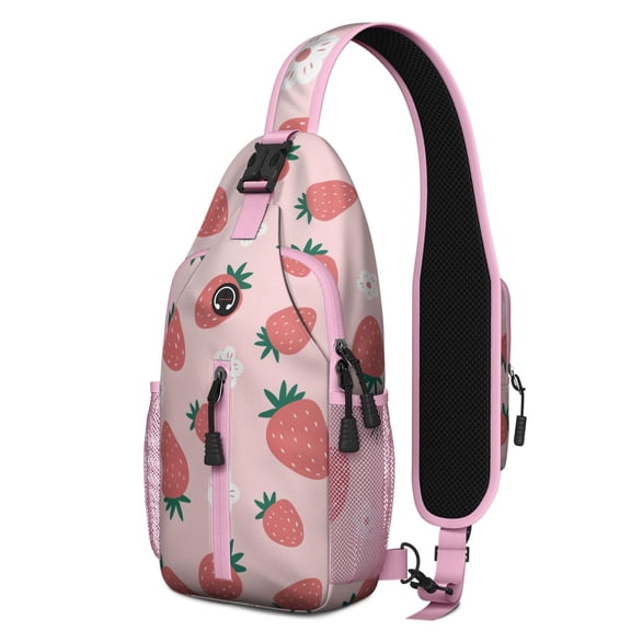 Red Berry Print Sling Bag, Sweet Fruity Pattern Crossbody Backpack with Fresh Summer Flowers for Strawberry and Berry Lovers