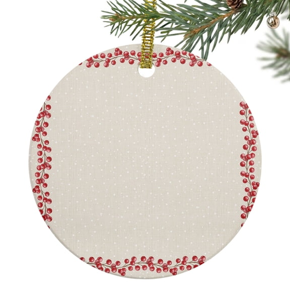 Red Berry Square Border Ceramic Ornament 3 Inch Winter Berry Frame Christmas Festive Round Porcelain Christmas Ornaments with Gold String for Holiday Party Xmas Tree Decor Gift for Friends Family