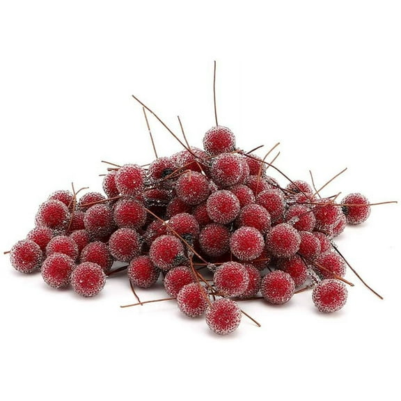 Red Berry Stems, Berries Christmas Decor, 100pcs Artificial Mini Frosted Fruit Artificial Holly Berries for Home Wedding Party Kitchen Festival Holiday Decor