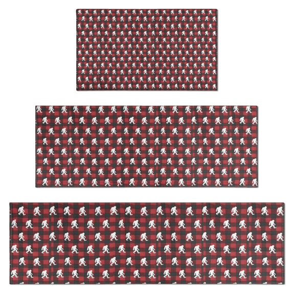 Red Bigfoot and Heart Pattern Kitchen Rugs Sets Of 3,Kitchen Runner Rugs Non Skid Washable,Decorative Kitchen Floor Mats for Kitchen,Sink,Laundry,17"x30"+ 17"x47" + 17"x59"