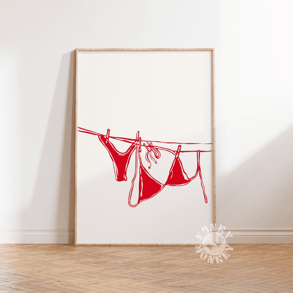 Red Bikini Clothesline Girly Coastal Summer Poster, Poster Only, Poster Home Decor, Poster Only