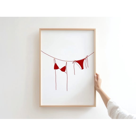 Red Bikini Hand Drawn Print Trendy Coastal Wall Room Decoration Unframed Paper Print