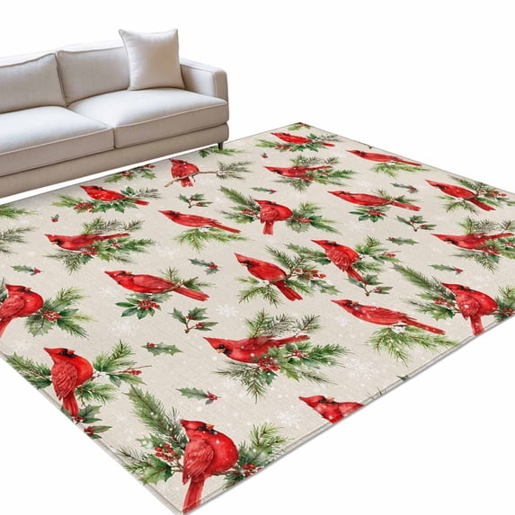Red Bird Area Rug 3'x5', Christmas Cardinal Birds Forest Green Holly ...