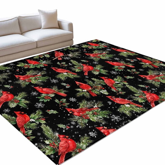 Red Bird Area Rug 4'x6', Christmas Cardinal Birds Forest Green Holly ...