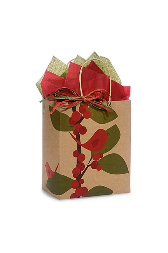 Red Bird Berries Paper Shopping Bags - Cub Size - 8in. X 4.75in. X 10.25in. - 10/Pack (rbbc10)
