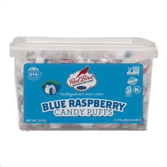 Red Bird Blue Raspberry Flavored Candy Puff, Individually Wrapped Candy, Allergen-Free, 22 oz Tub