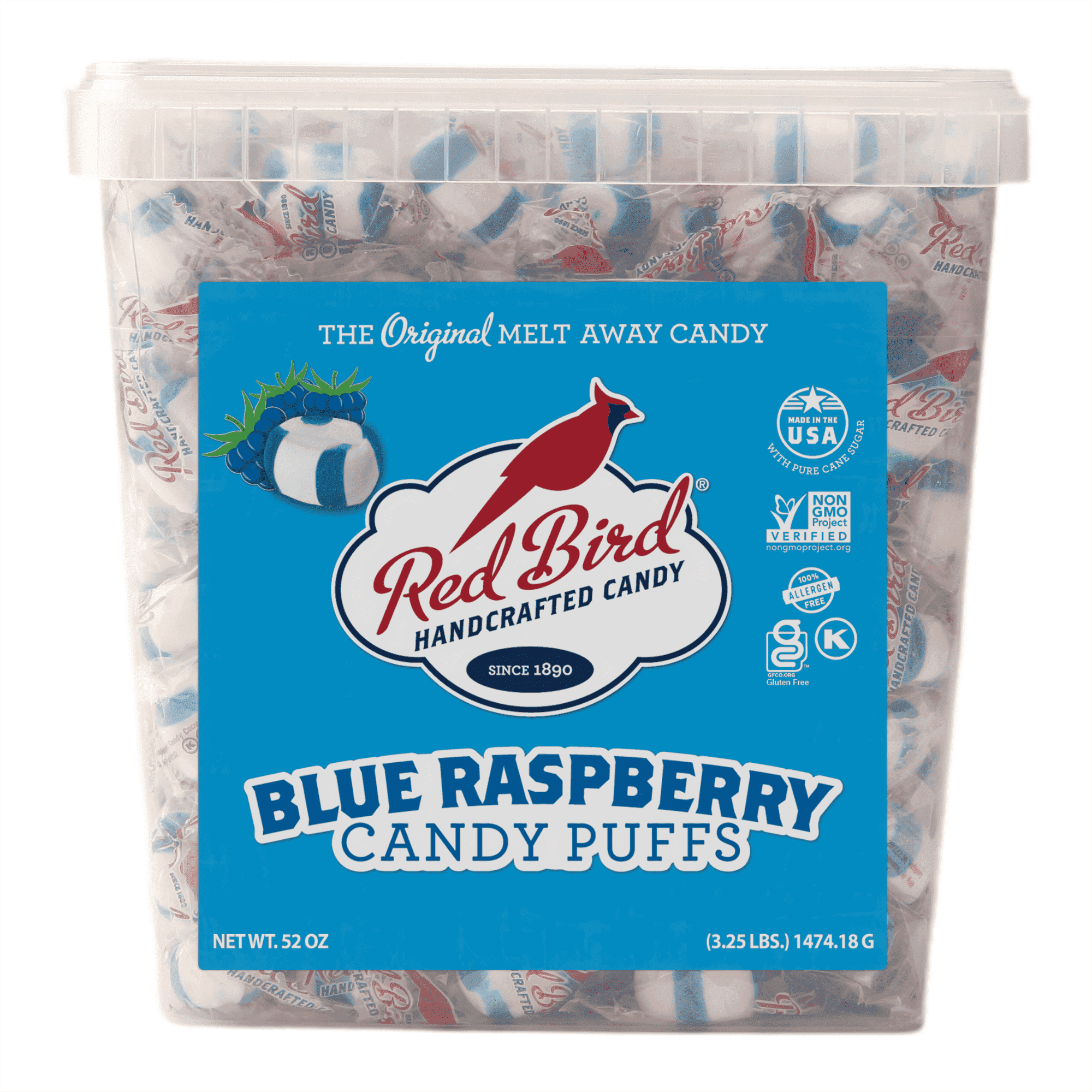 Red Bird Blue Raspberry Flavored Candy Puff, Individually Wrapped Candy, Allergen-Free, 52 oz Tub