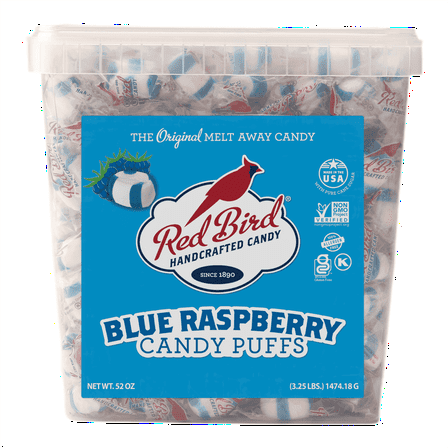 Red Bird Blue Raspberry Flavored Candy Puff, Individually Wrapped Candy, Allergen-Free, 52 oz Tub