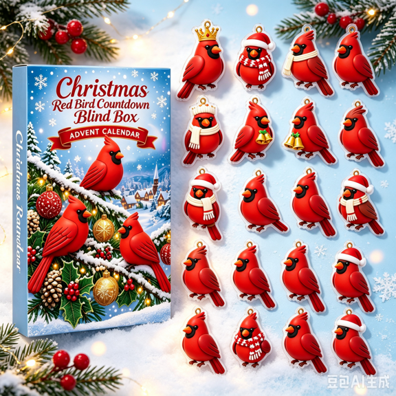 Red Bird Cardinal Advent Calendar, 24 Pieces 2D Acrylic Red Bird Hanging Ornaments Set, Holiday Countdown Gift Box for Xmas Tree Decor